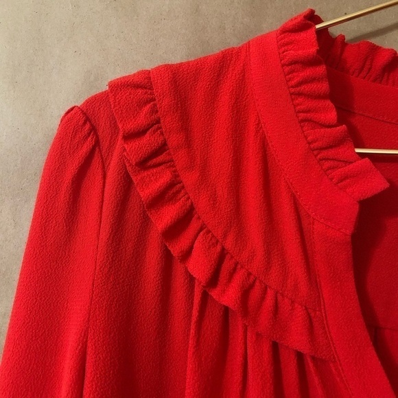 ba&sh | Thalgo Ruffle Yoke Plunging V-Neck Popover Top in Grenadine Red Size M - Picture 5 of 16